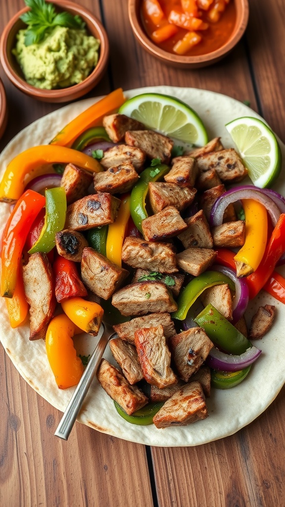 A colorful plate of pork fajitas with peppers and onions, served with tortillas and toppings on a wooden table.